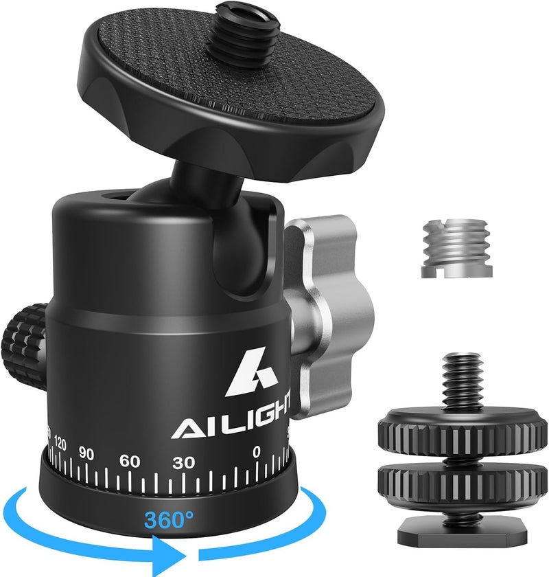 ailight Mini Ball Head, 360° Panoramic Tripod Head, Universal 1/4" to 3/8" Screw Adapter Swivel Ball Head Tripod Mount, Dual Cold Shoe Mount for DSLR Cameras Camcorder Light Photograph Accessories - Image 1